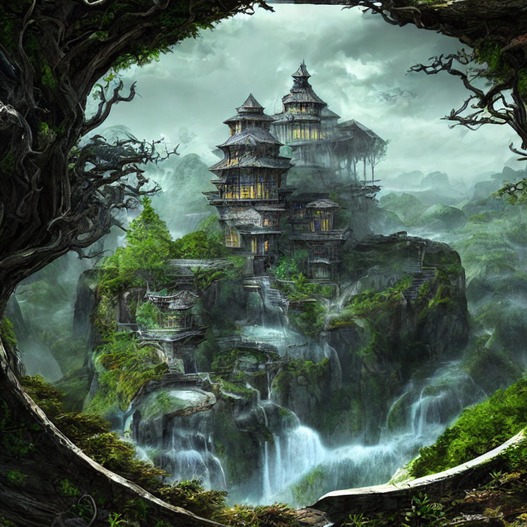 Ancient multi-tiered pagodas on verdant cliffs with waterfalls, framed by twisted tree