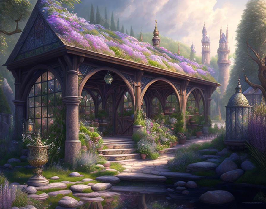 Enchanting garden pavilion with purple flowers and fairytale towers