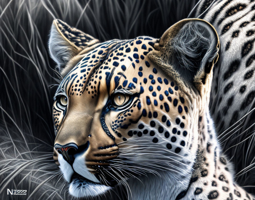 Detailed digital art: Jaguar head with intricate fur patterns against dark foliage.