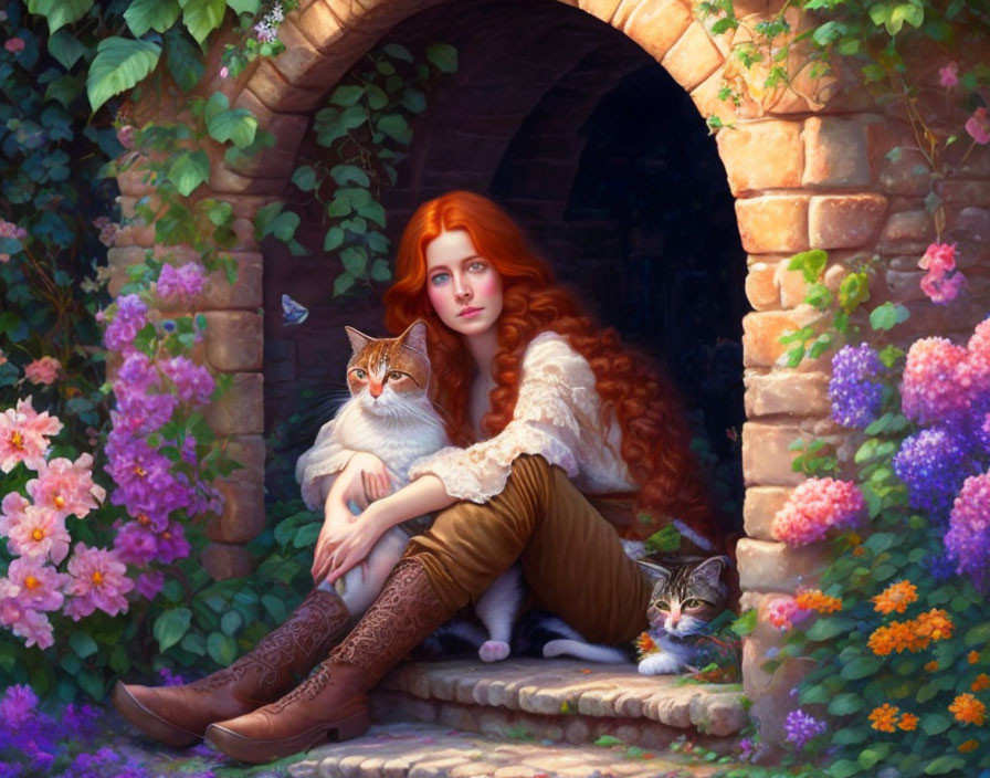 Red-haired woman in white blouse cuddling large cat next to another cat in flower archway