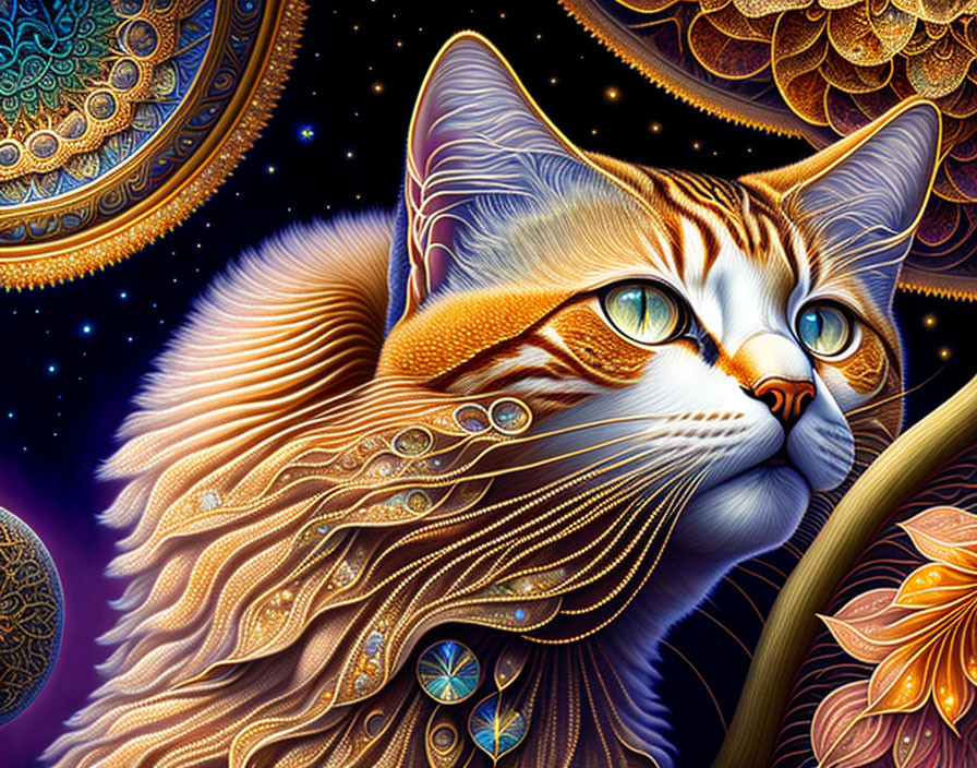 Detailed fantastical cat with ornate fur patterns and vibrant colors on cosmic backdrop