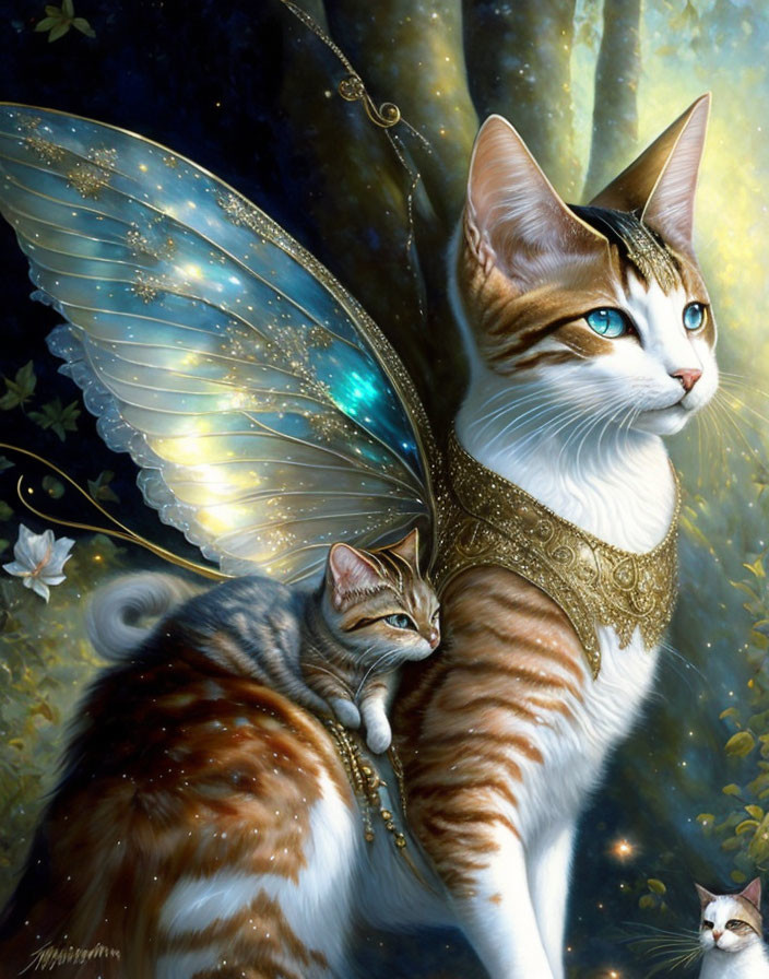 Fantastical illustration of two cats with butterfly wings in a starry forest