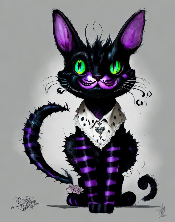 Stylized drawing of black cat with green eyes and white collar