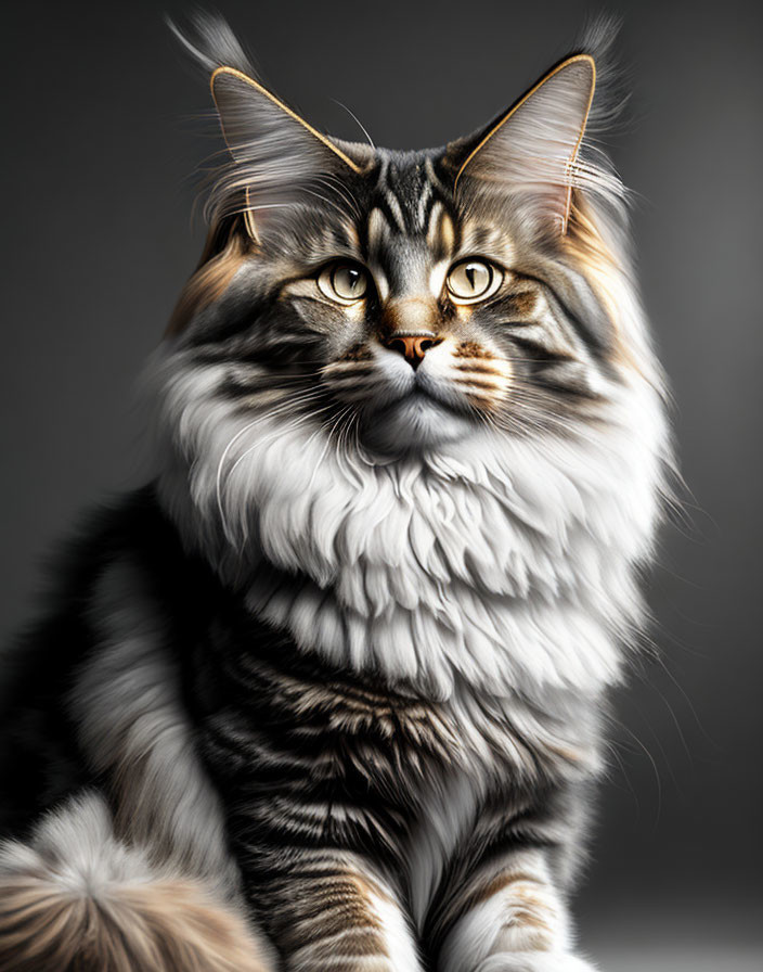 Long-haired tabby cat with piercing eyes and distinctive markings on grey background