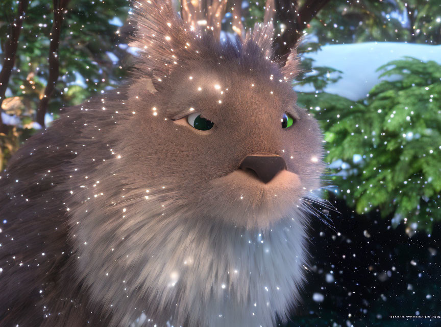 Fluffy Creature with Green Eyes in Snowy Scene