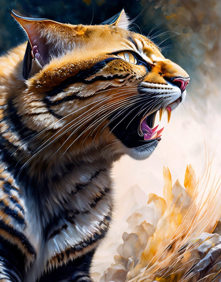 Hyper-realistic painting: Roaring tabby cat with vivid orange and black stripes