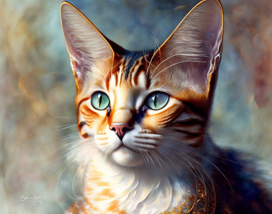 Detailed digital painting of a cat with green eyes and orange-striped fur