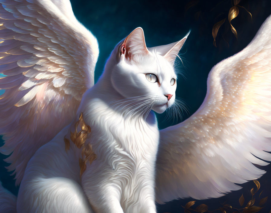 White Cat with Angelic Wings and Golden Leaves on Blue Background