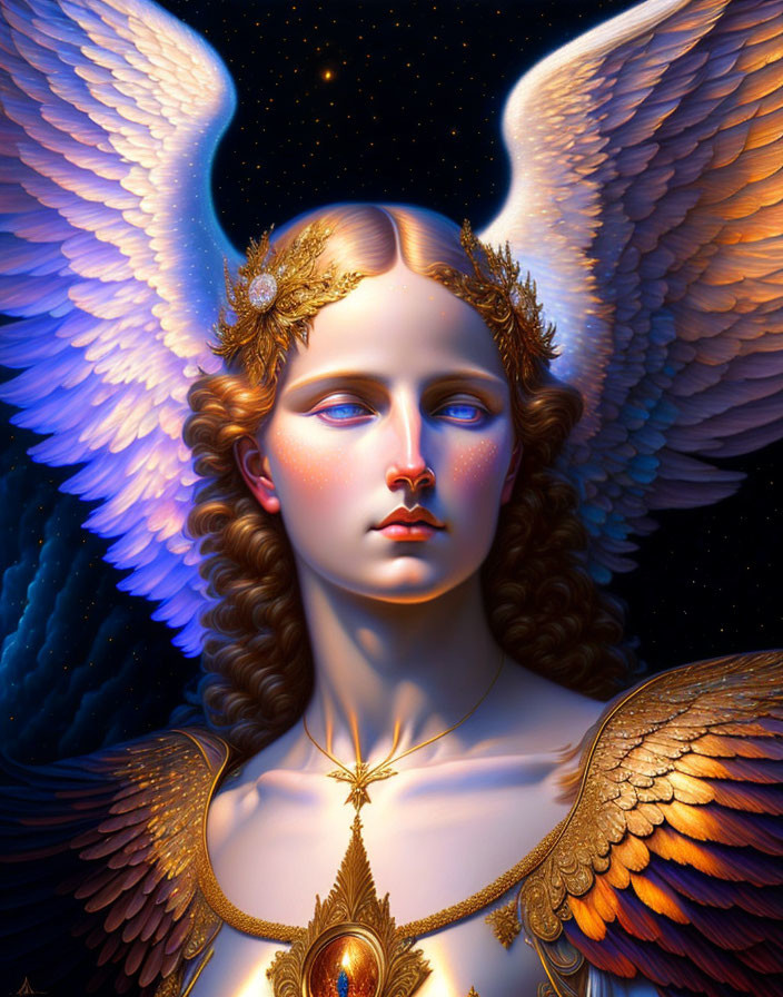 Detailed Angel Artwork with Ornate Crown and Starlit Sky