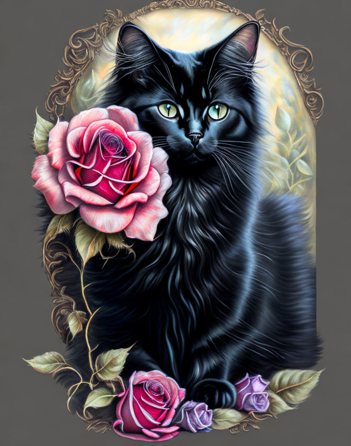 Illustrated black cat with green eyes in ornate frame with pink and purple roses