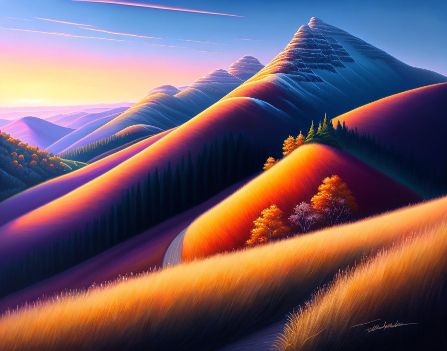 Scenic painting: rolling hills, mountains, sunset colors, autumn trees