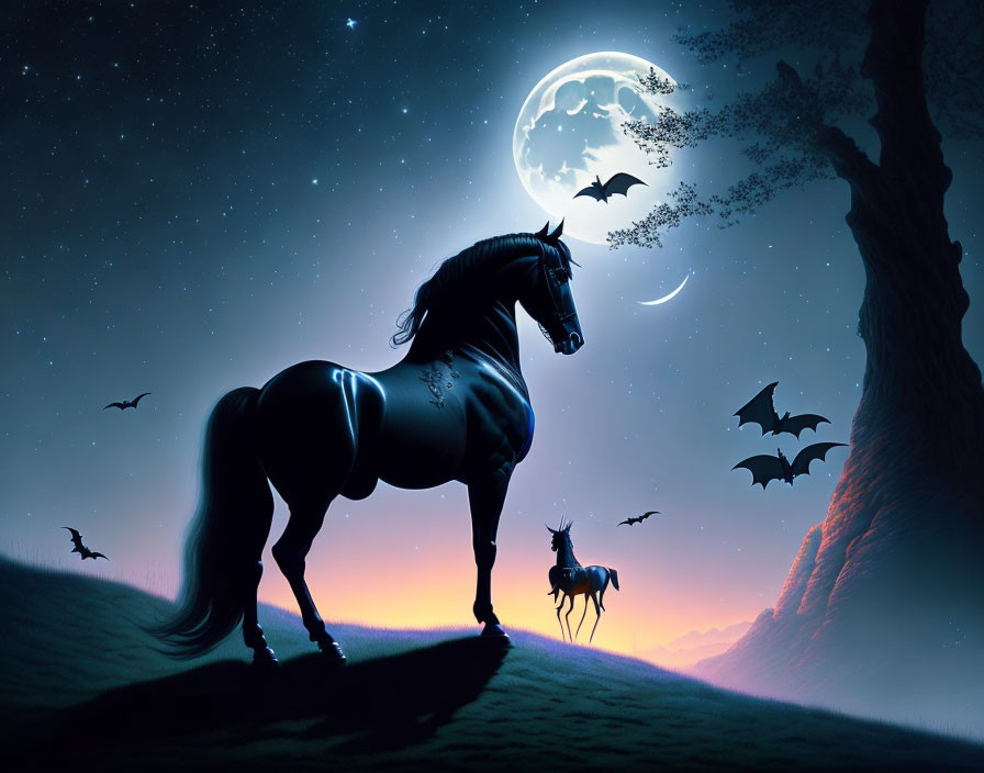 Silhouette of horse under moonlit sky with bats in mystical night scene