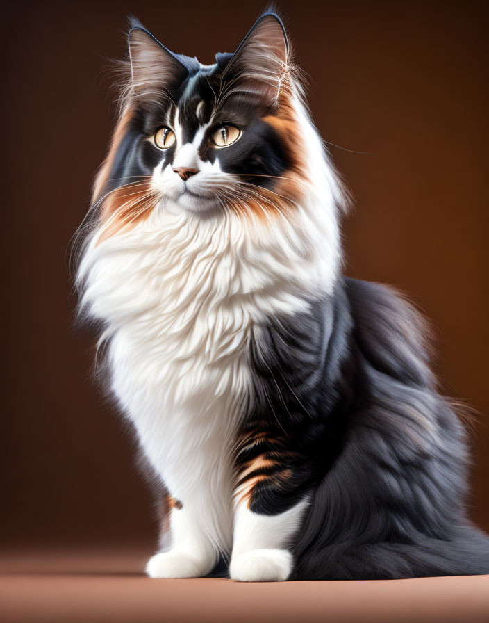 Tricolor fluffy cat with black, white, and orange coat gazing sideways