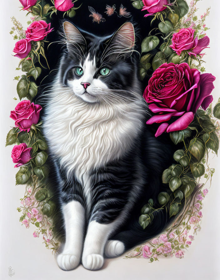 Fluffy black and white cat with green eyes in pink rose frame