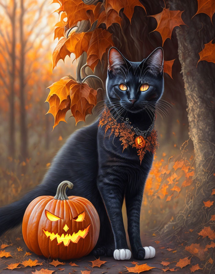 Black Cat with Pumpkin Pendant Sitting Beside Carved Pumpkin