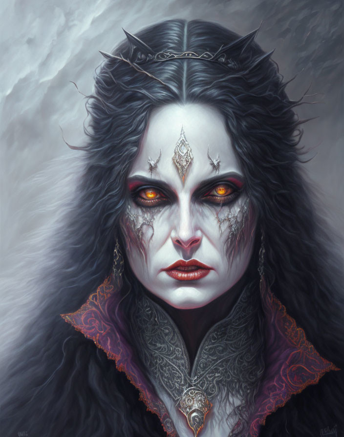 Gothic fantasy portrait of fair-skinned woman with red eyes and dark crown