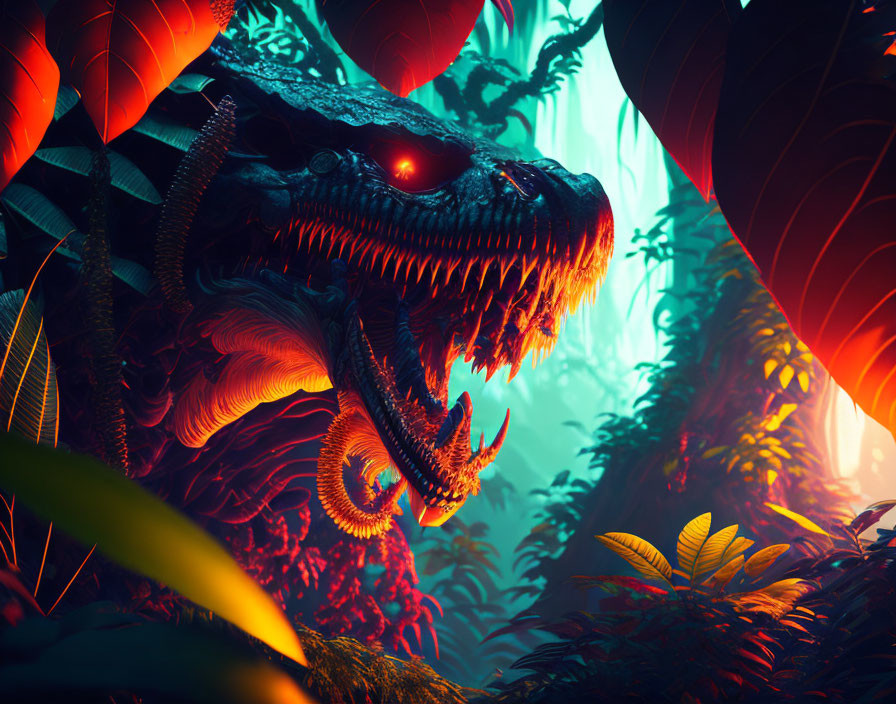 Vibrant artistic portrayal: fierce dragon in mystical jungle