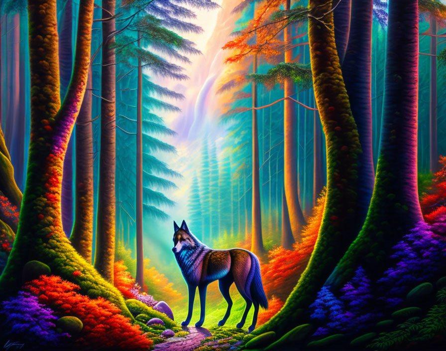 Vibrant mystical forest scene with wolf on pathway