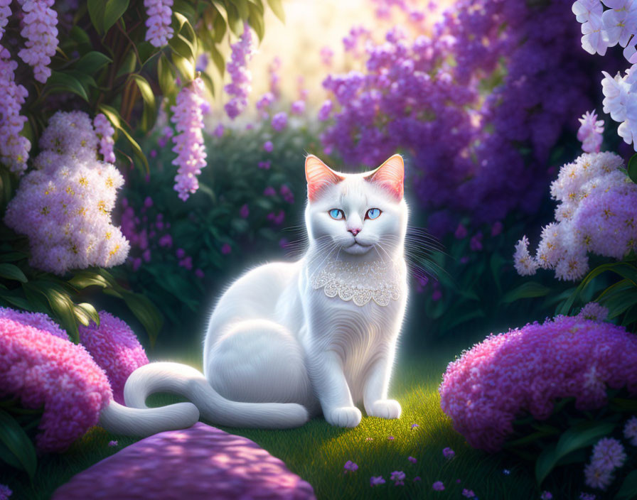 White Cat with Blue Eyes in Dreamy Garden Among Flowers