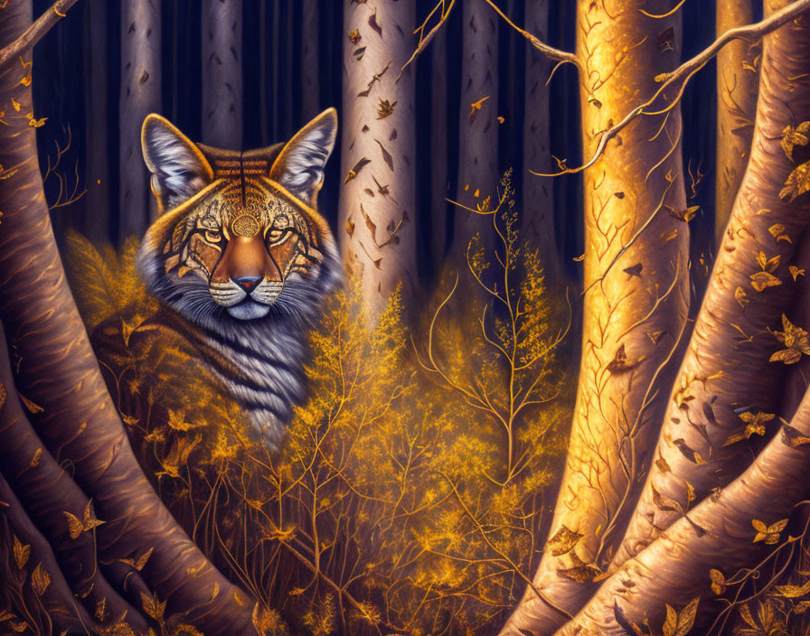 Majestic tiger camouflaged in autumn forest landscape