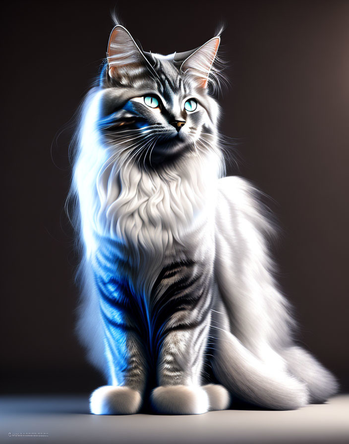 Majestic cat with blue eyes and tabby markings on moody background