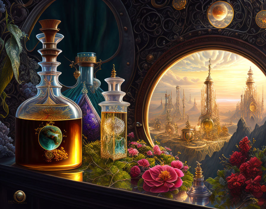 Elaborate Still Life with Bottles, Flowers, and Golden Cityscape