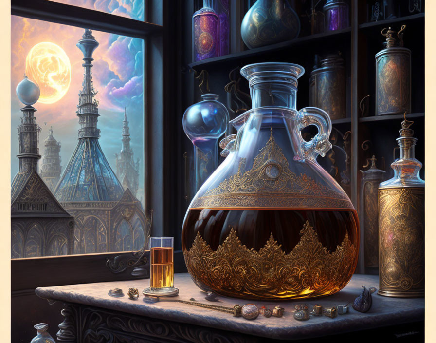 Fantasy-themed still life with glass decanter, ornate jars, cityscape, and moons.