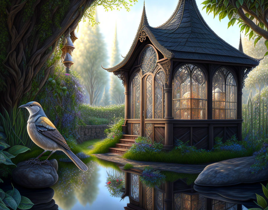 Detailed Bird and Cottage in Enchanting Forest Scene