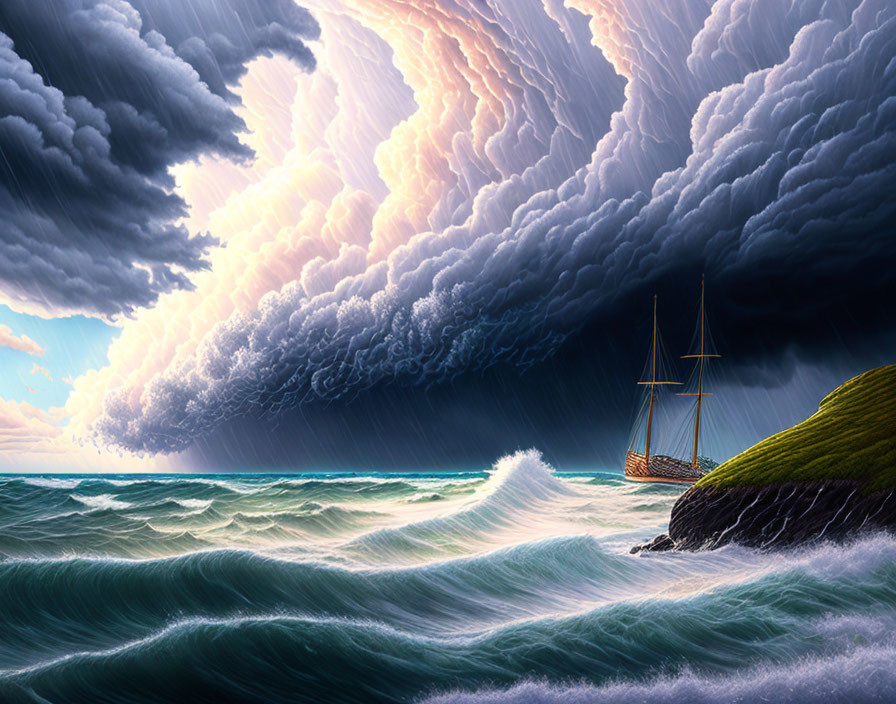 Sailing ship near rocky outcrop in stormy seas