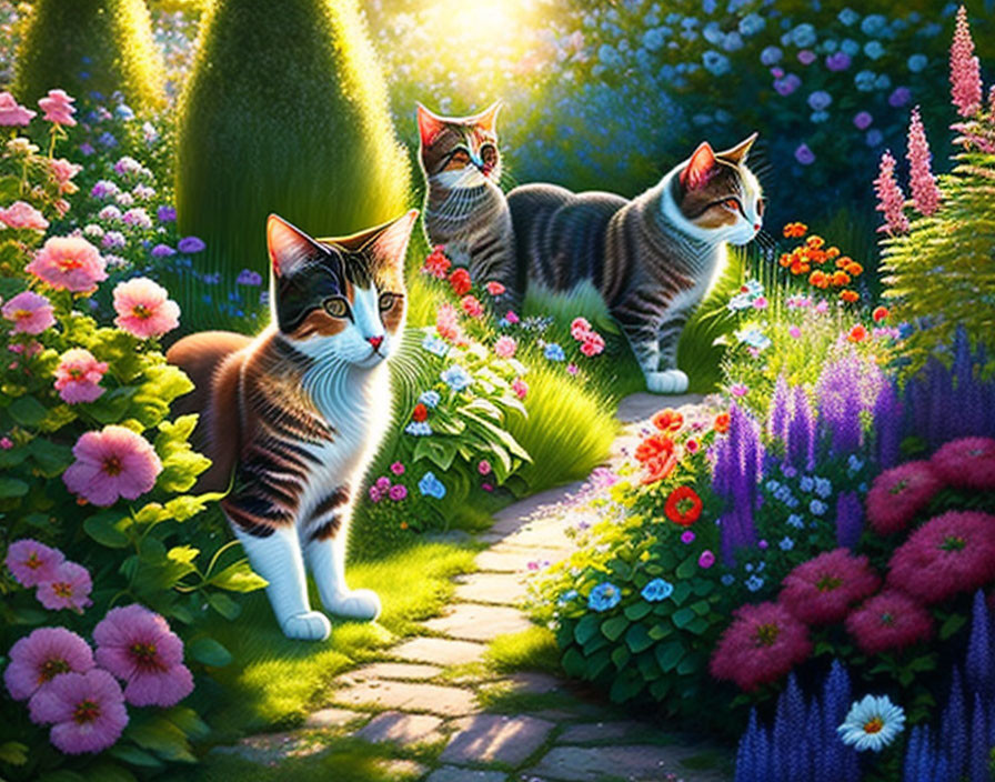 Vibrant garden scene with three cats, colorful flowers, and lush greenery