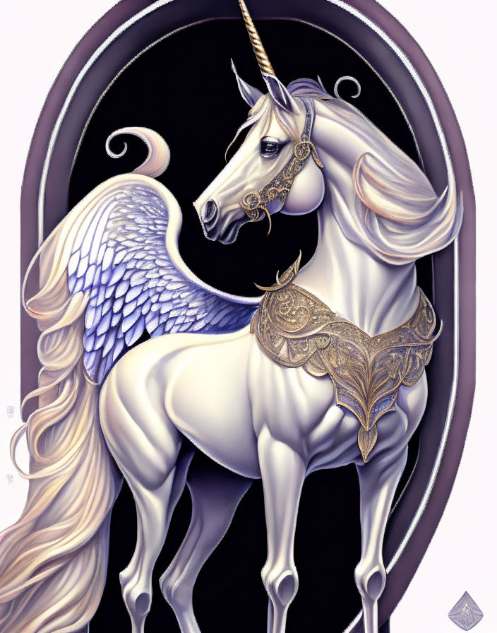 Majestic white unicorn with golden horn and wings on purple background