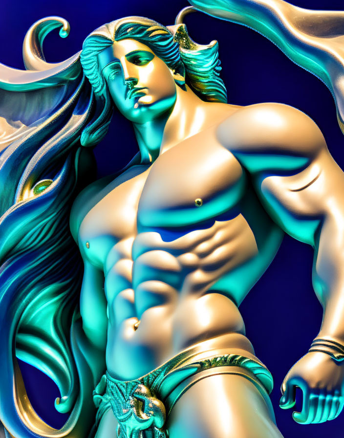 Muscular male figure with flowing hair on deep blue background