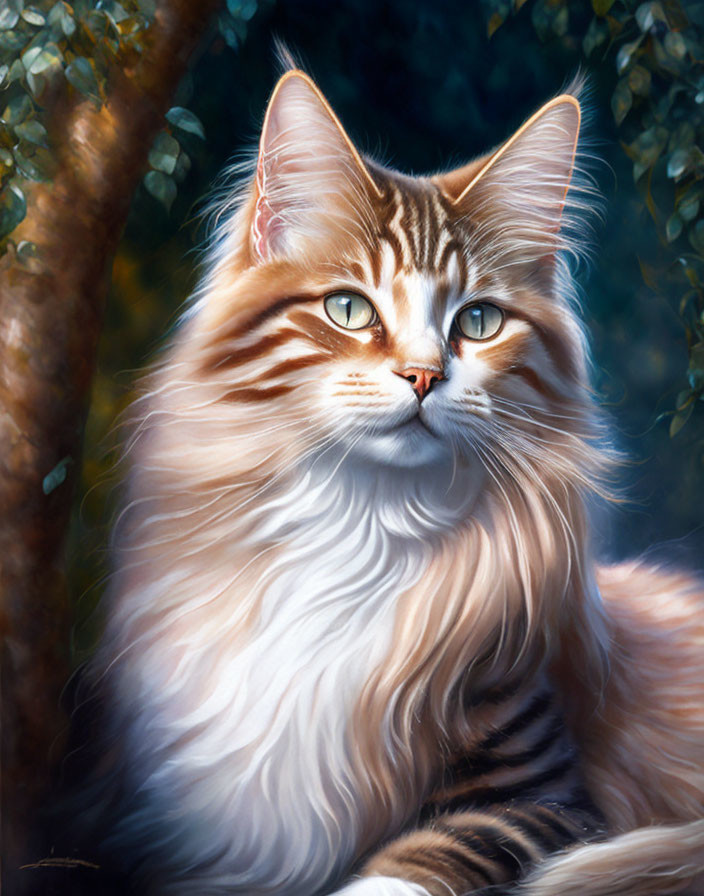 Long-Haired Tabby Cat with Green Eyes in Forest Setting