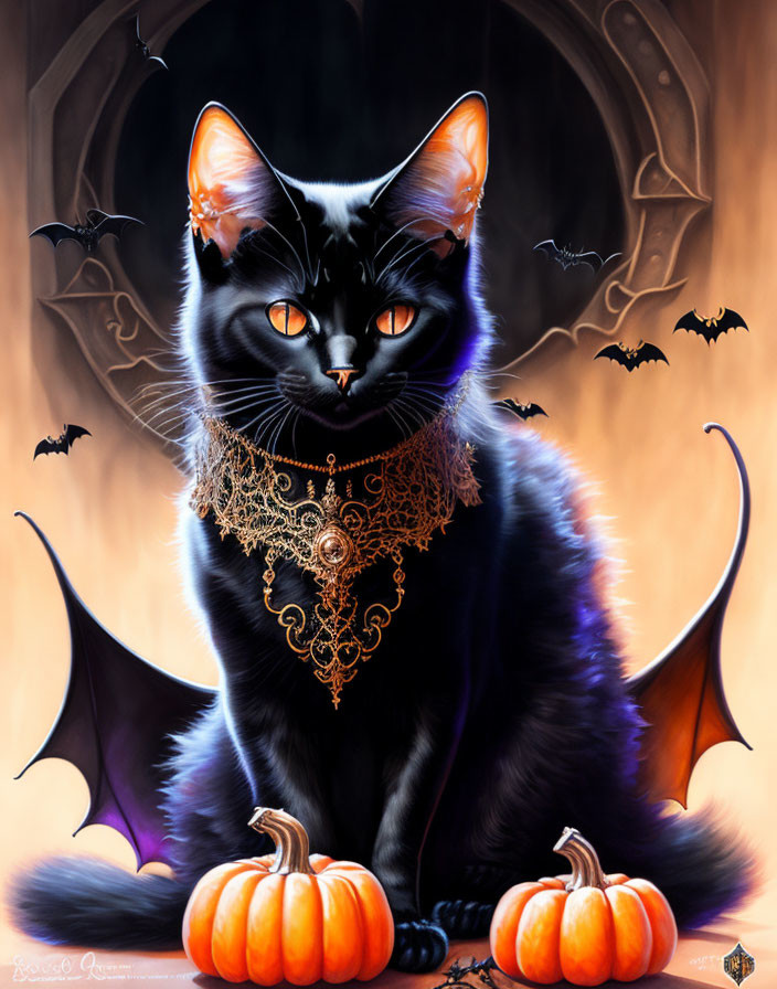 Black Cat with Orange Eyes and Bat Wings Surrounded by Pumpkins and Bats