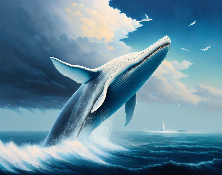 Blue whale breaching ocean surface under cloudy sky with seagulls.