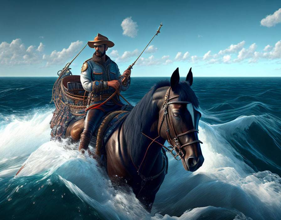 Cowboy riding horse with fishing rod and lasso in ocean waves