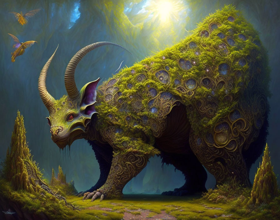 Majestic mythical creature with ram-like horns in luminous forest