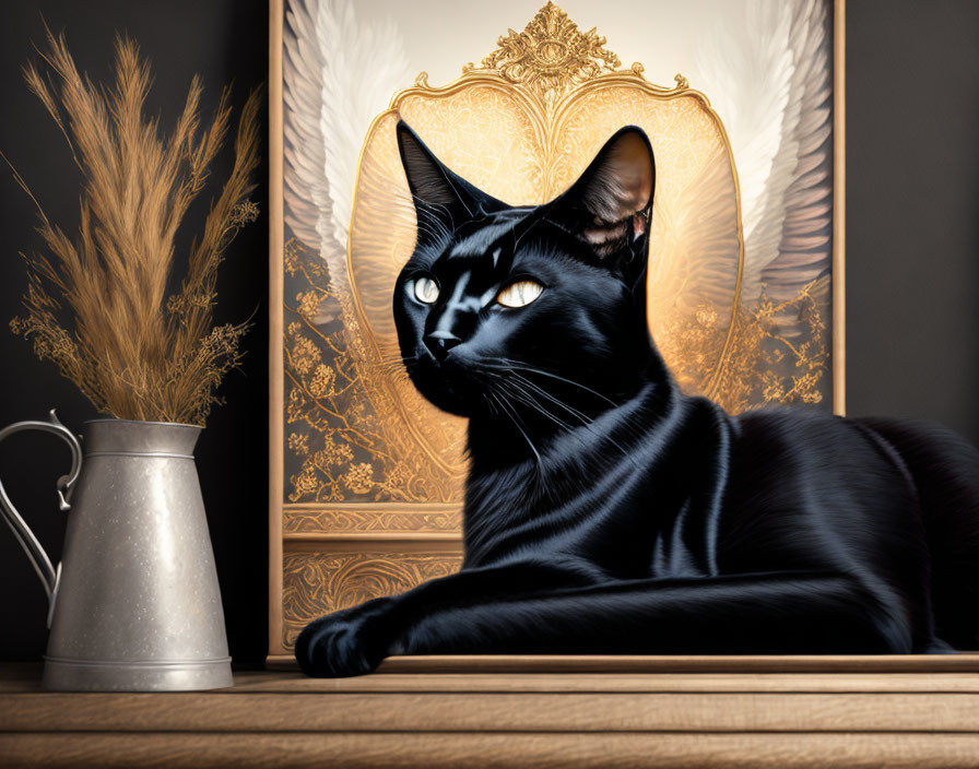 Black Cat Relaxing Near Golden Mirror and Wheat Stalks