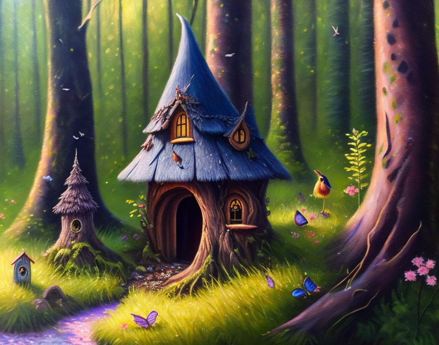 Whimsical forest scene with fairy-tale houses, greenery, butterflies, and bird