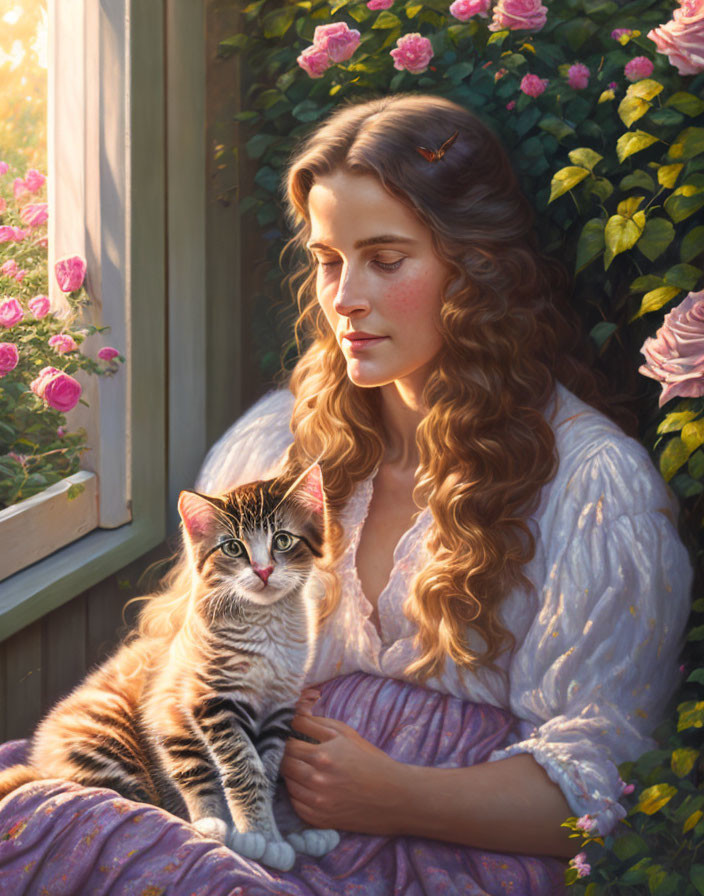 Long-haired woman with tabby kitten by window and blooming rose bush