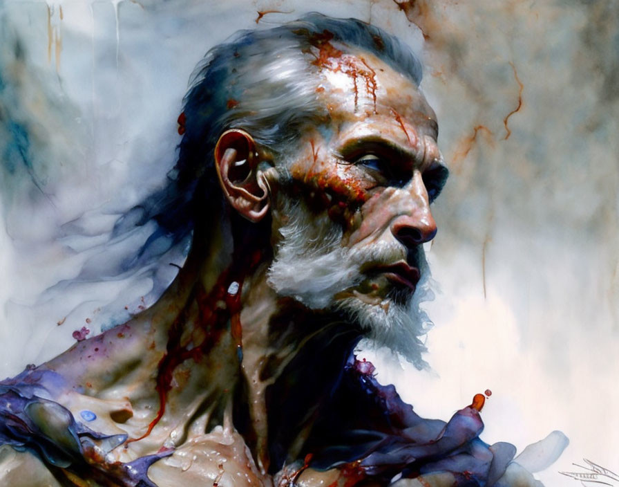 Portrait of man with white hair and blood-stained face