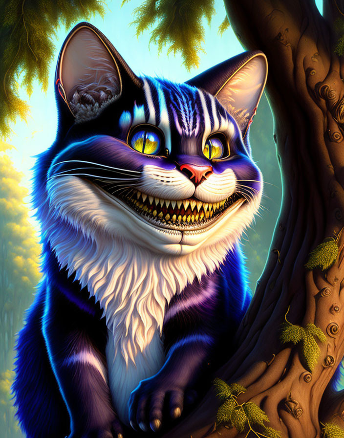 Whimsical Cheshire Cat with yellow eyes in vibrant forest.