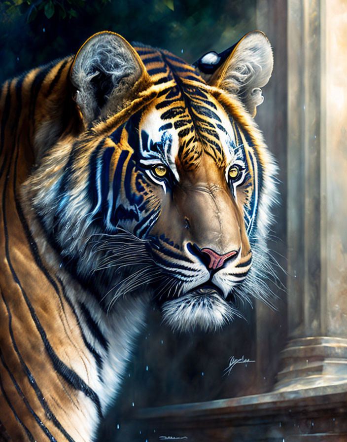 Majestic tiger with orange and black stripes and glowing aura.