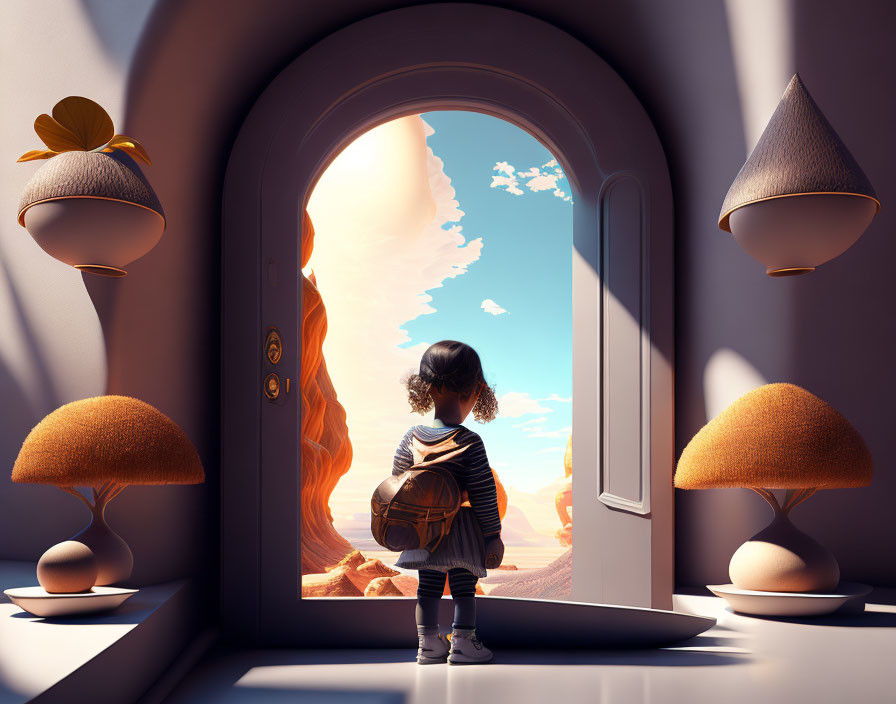 Child with backpack gazes at desert landscape from doorway