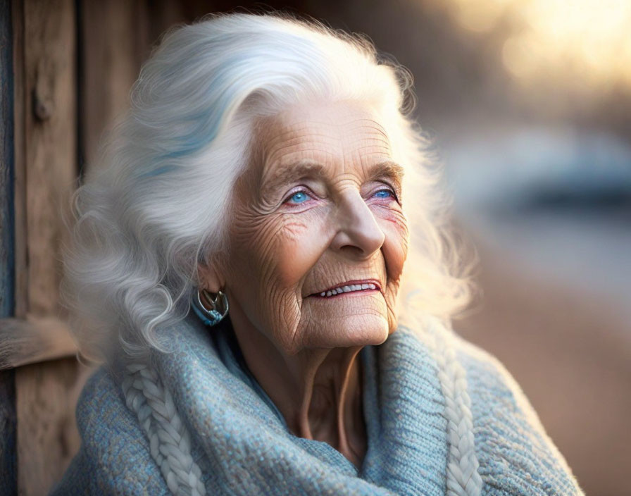 Elderly woman with white hair and blue earrings smiling gently in cozy knit scarf