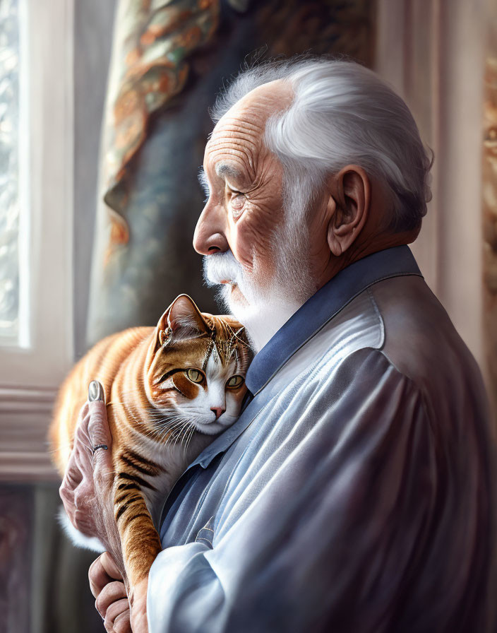 Elderly man with white hair holding a ginger cat by a window