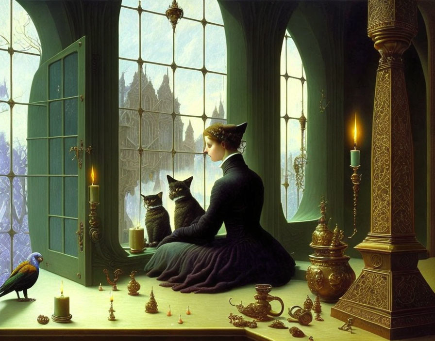 Victorian lady with two cats in ornate room by open window, candlelit table, and par