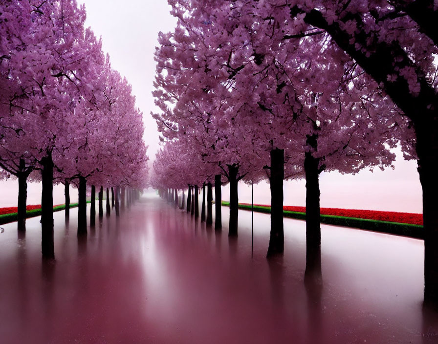 Tranquil Path with Pink Cherry Blossoms and Red Tulips