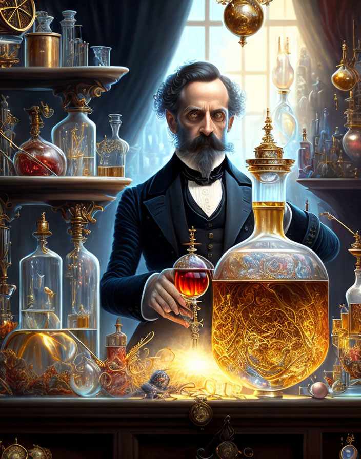 19th-Century Man in Mystical Laboratory with Vial and Glass Containers