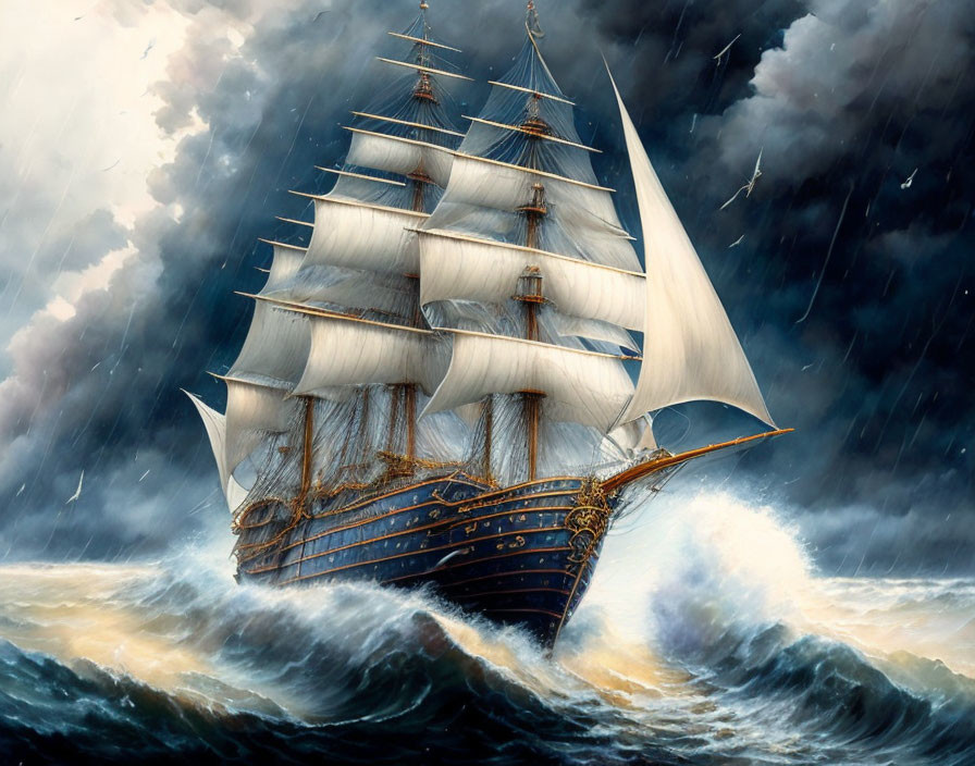 Tall ship with full sails navigating stormy seas